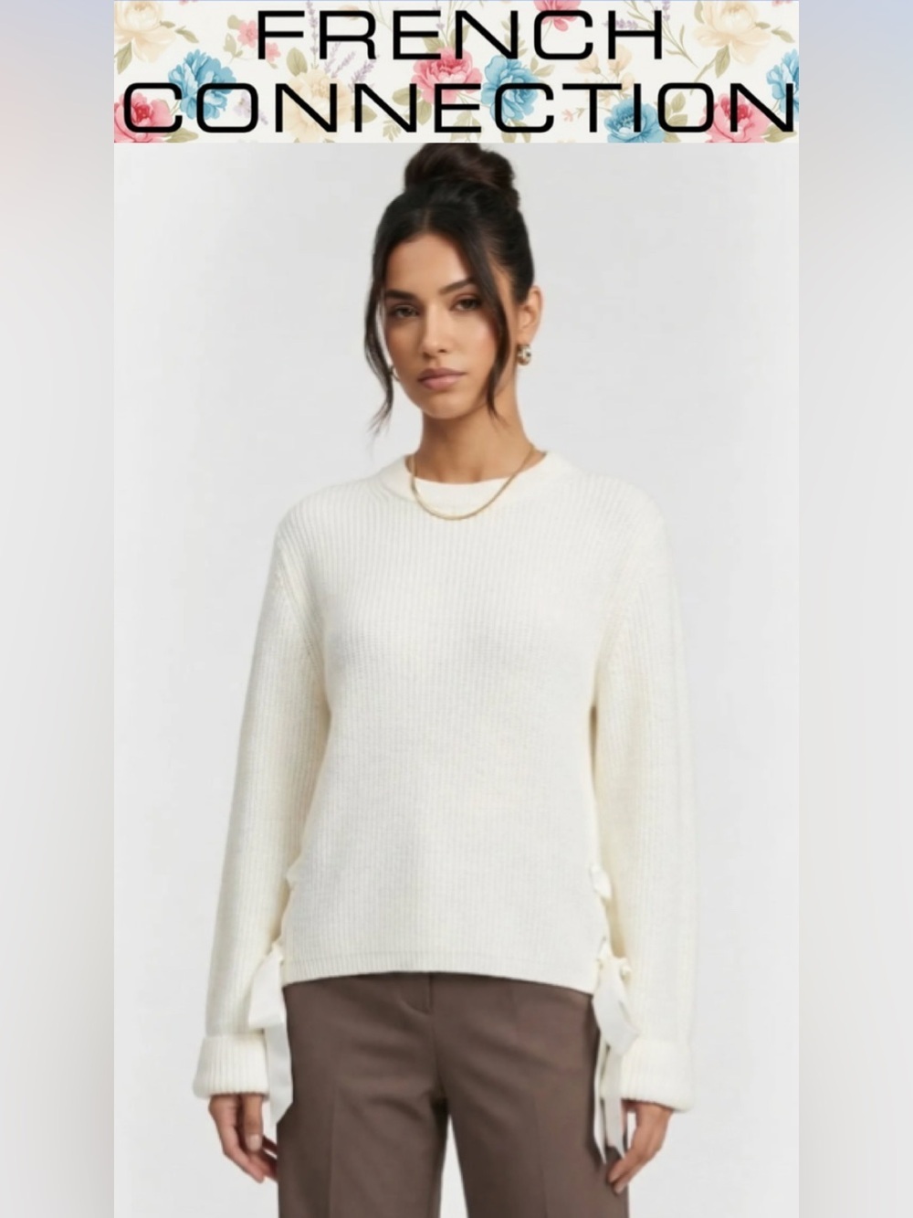 NWT French Connection Kaila Ivory Ribbed Crewneck Sweater with Side Ties Small